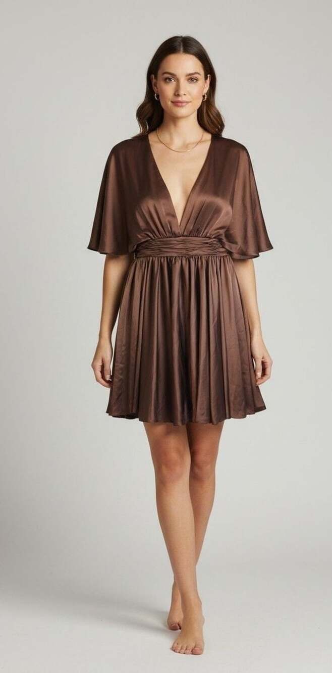 Ieena for Mac Duggal Satin Flowy Cape Sleeve Mini Dress Brown Size 6